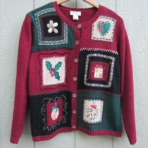 Talbots Christmas Ugly‎ Patchwork Sweater Women's Petite L Silk Blend Gra